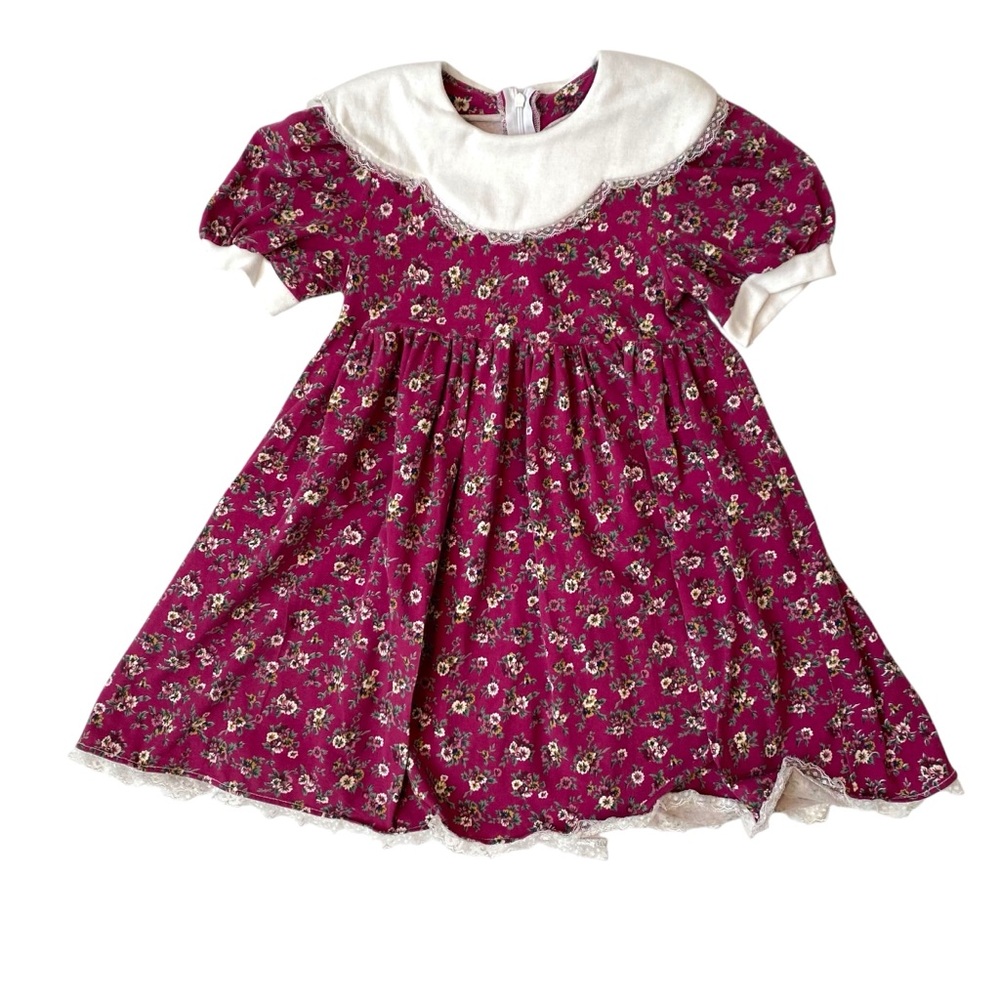 VINTAGE Dress Skirt Tea Floral Lace Collar Red Purple